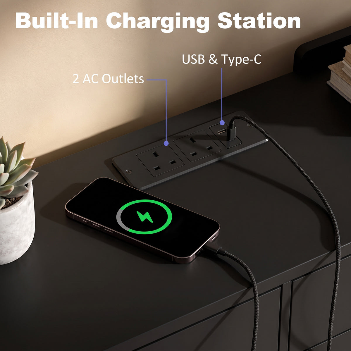 Black built-in charging station with USB ports and phone on top