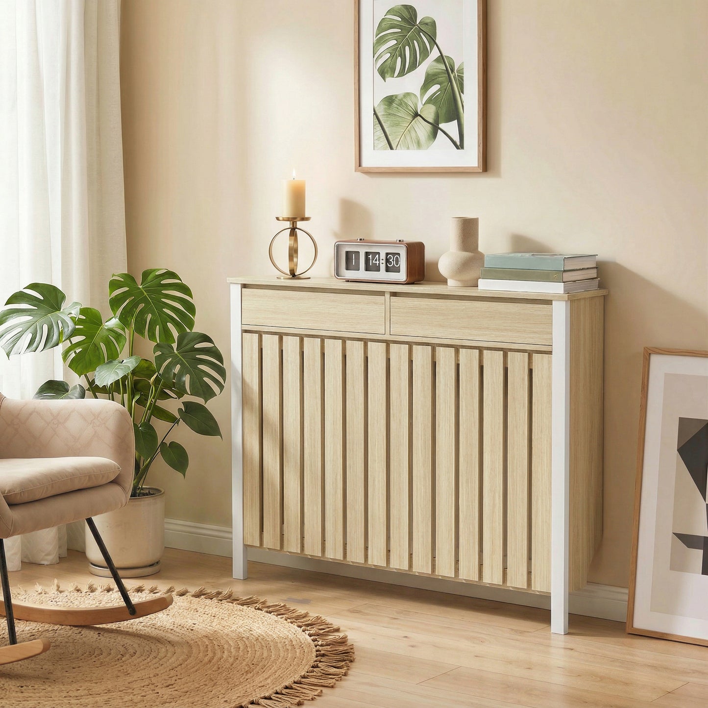 HOMCOM 93 X 119 Cm Rustic Look Slim Radiator Cover In White MDF With Two Top Drawers