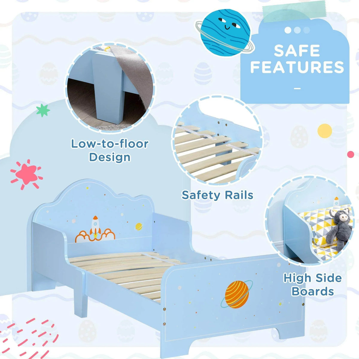 Light blue toddler bed with safety rails, high side boards, and rocket theme