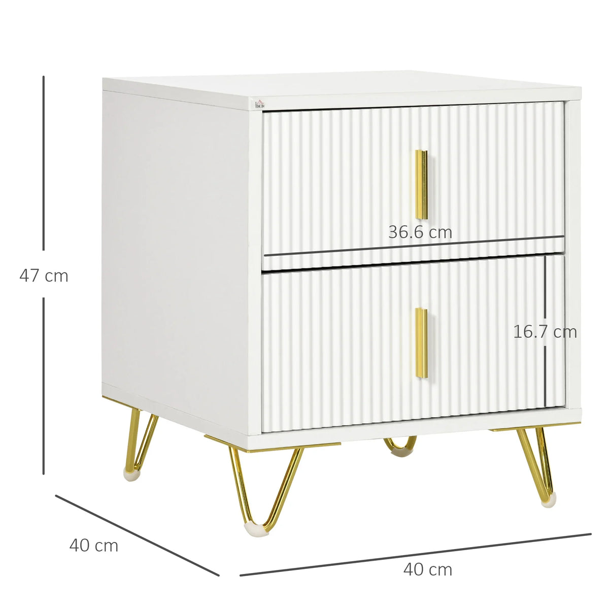 White two-drawer dresser with ridged fronts and gold-tone vertical handles on hairpin legs