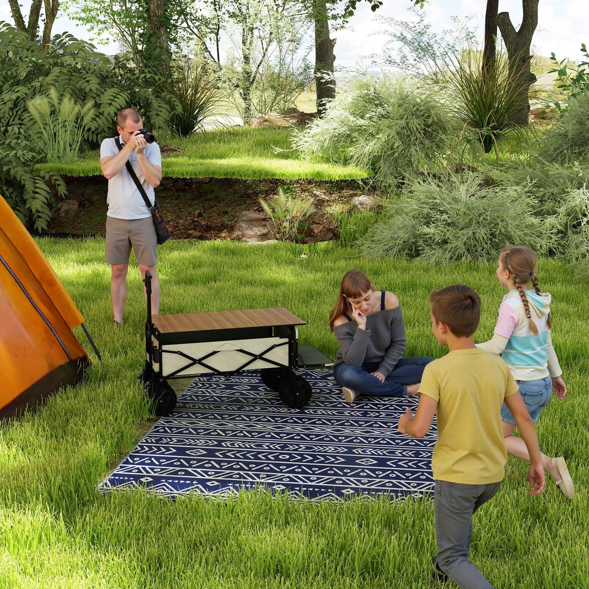 Outdoor rug with dark blue and white geometric pattern