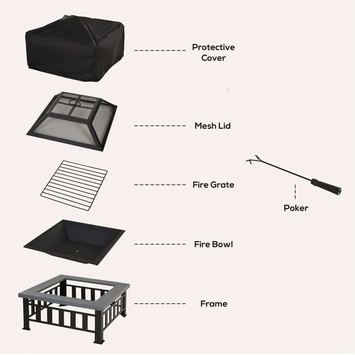 Parts of square fire pit: mesh lid, fire grate, fire bowl, frame, protective cover