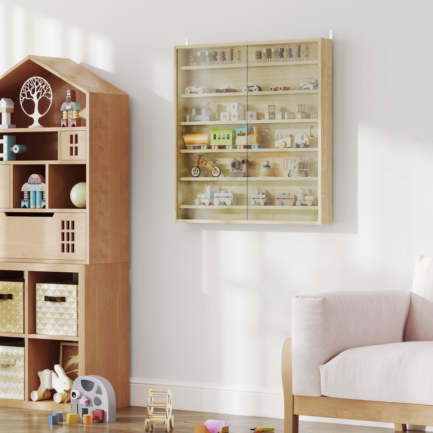 HOMCOM Six Shelf Display Cabinet With Glass Doors Oak Finish For Living Room