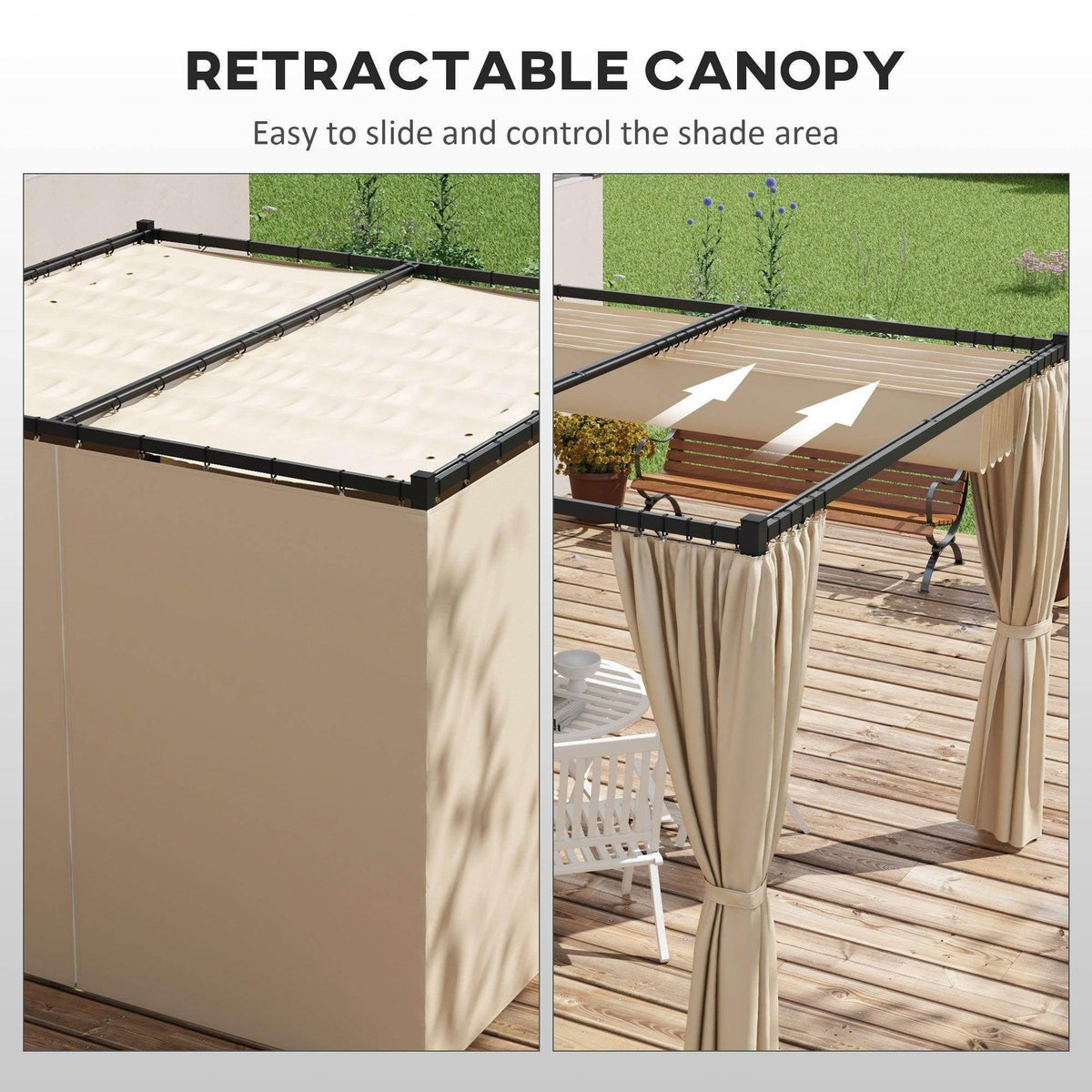 Retractable canopy pergola with beige curtains and cream retractable roof panels