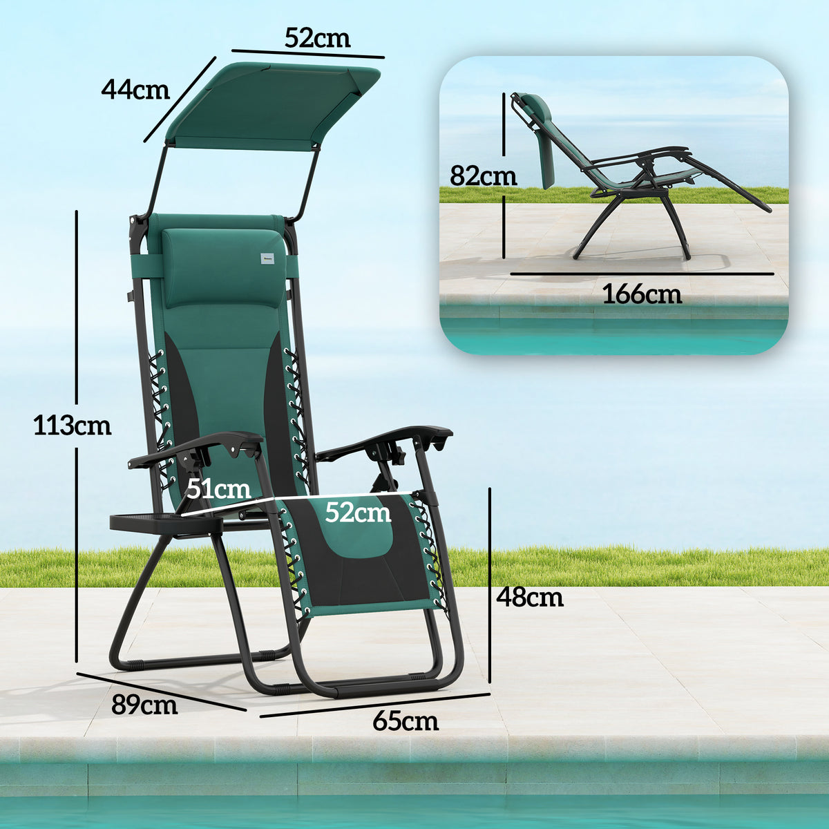 Green folding zero-gravity lounger chair with padded seat, armrests, and shade cover
