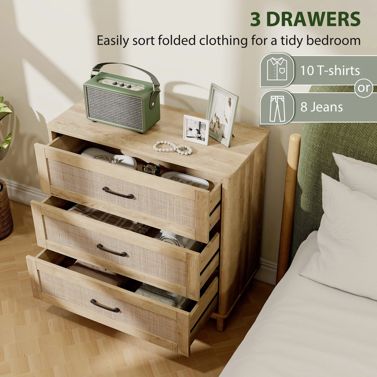Oak three-drawer dresser with open top and rattan-texture drawer fronts