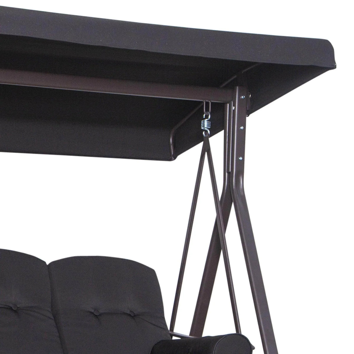 Black swing bench canopy support frame with hanging suspension chains