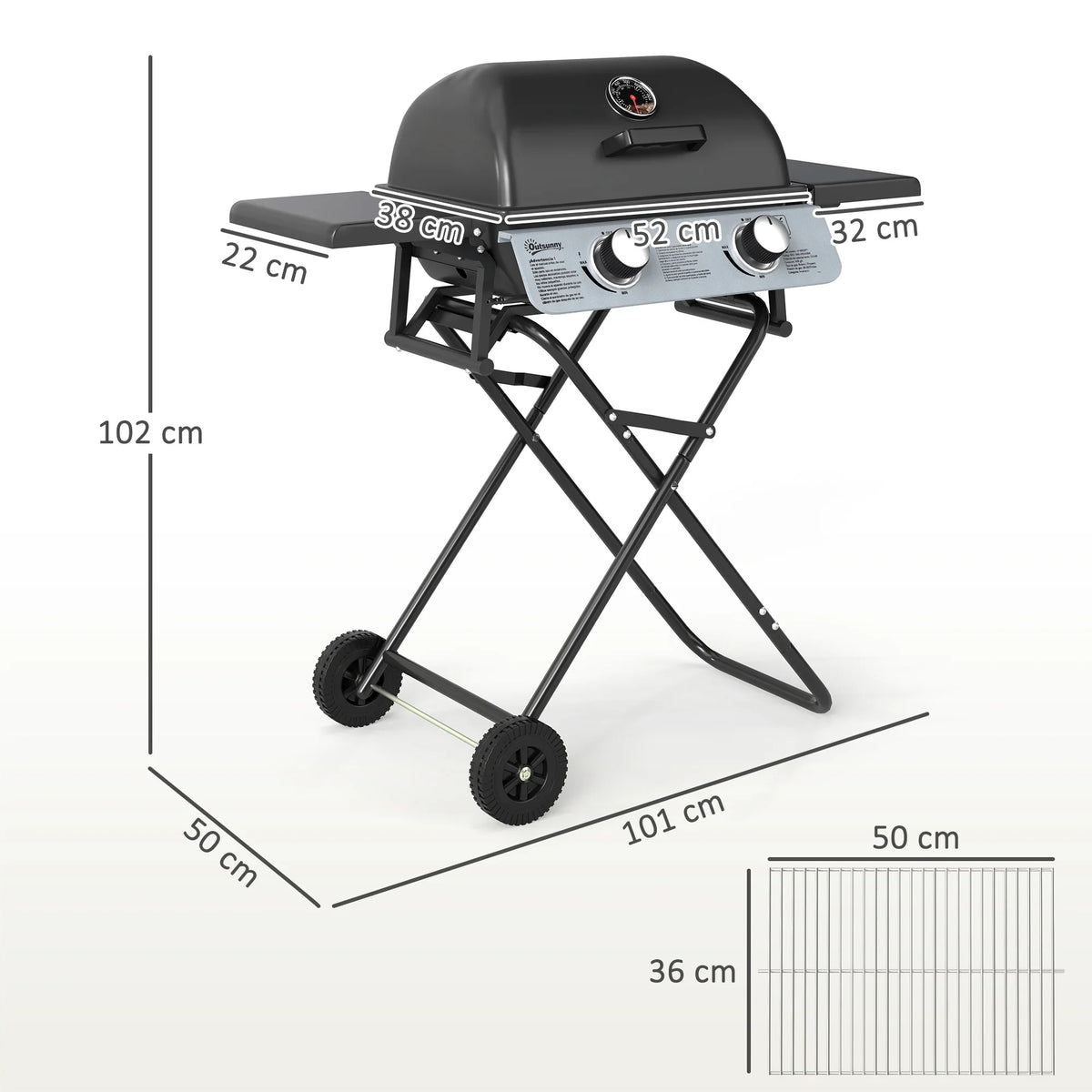 Black two-burner portable gas grill on folding legs with wheels and front control panel