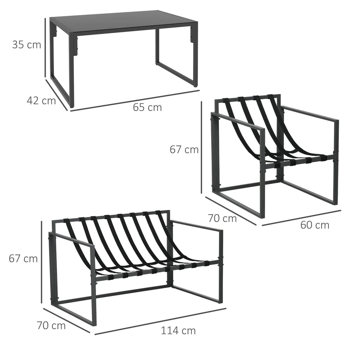 Patio sofa set layout with dimensioned armchairs and rectangular coffee table