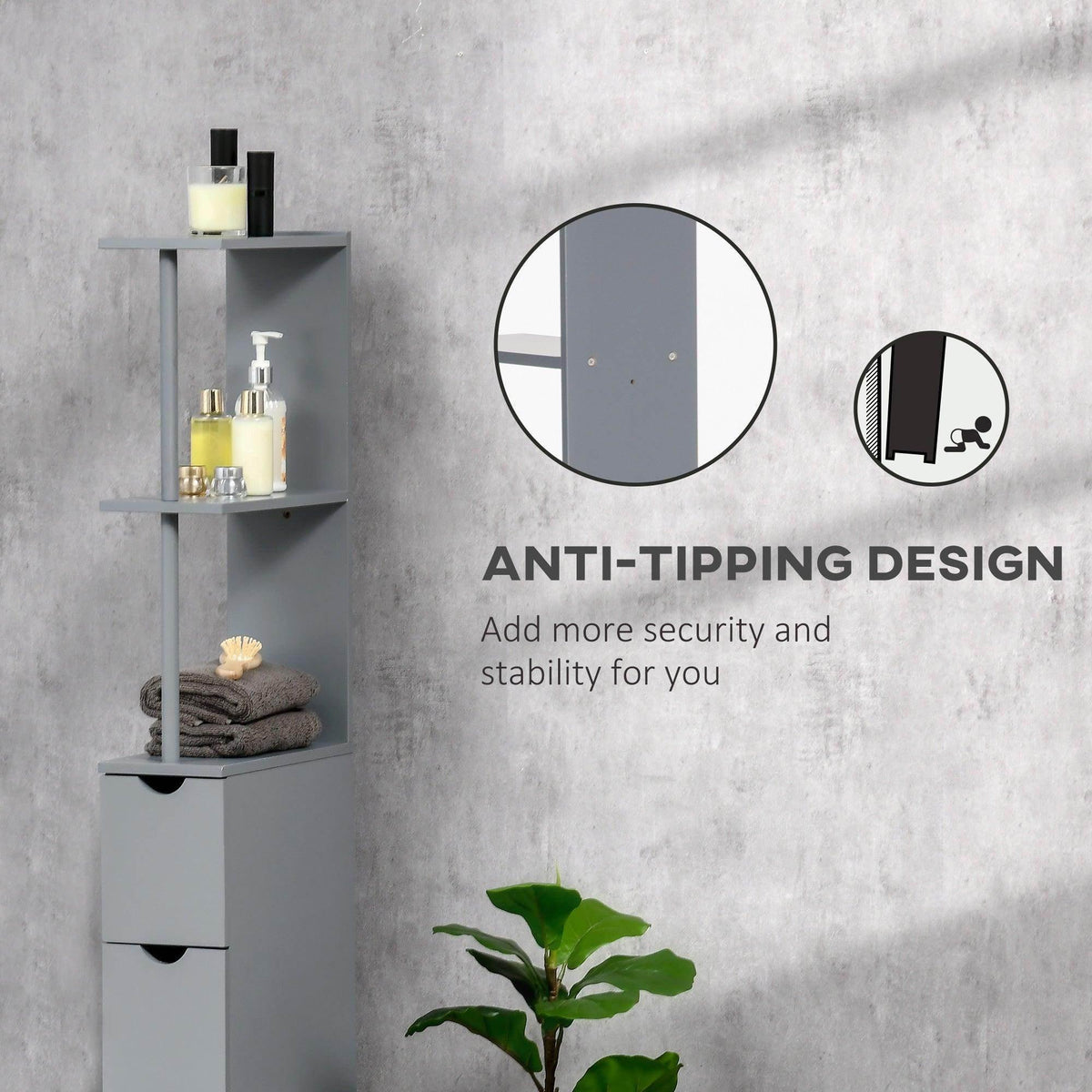 Grey tall bathroom cabinet with anti-tip base, open shelves, and drawers