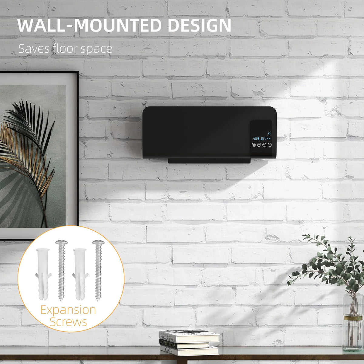 Black wall-mounted heater with expansion screw mounting accessories