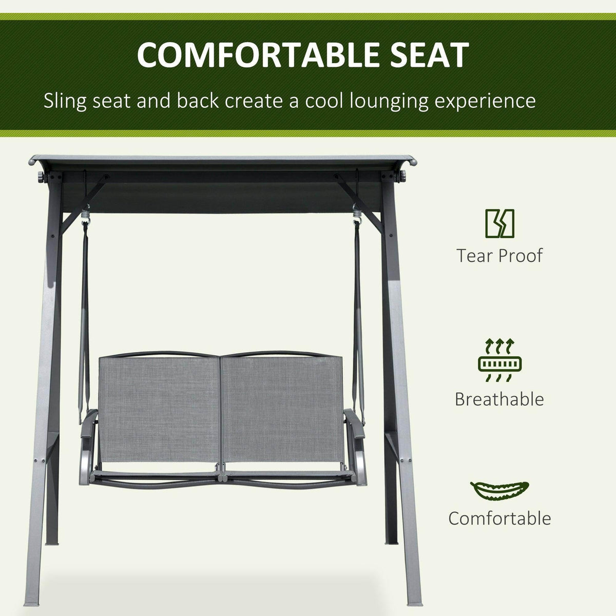Grey two-seat sling swing bench with canopy frame and fabric seat/back panels
