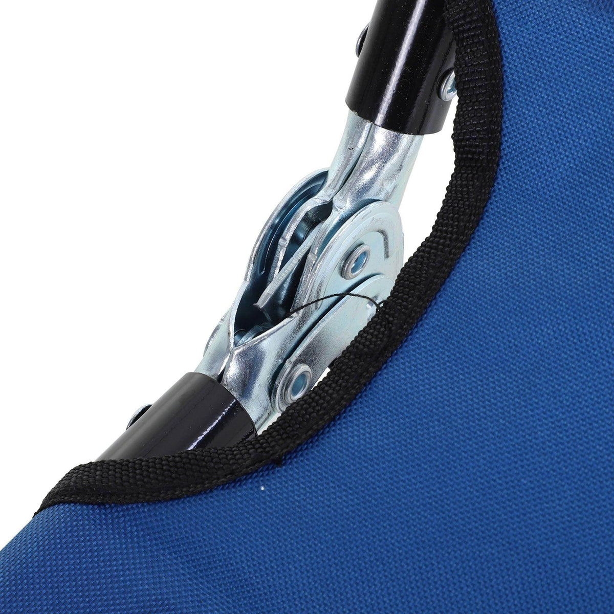 Close-up of adjustable recline joint on blue sun lounger fabric and black frame