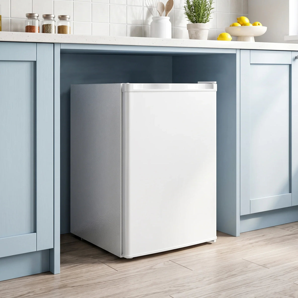 White countertop mini freezer with closed door and compact rectangular cabinet