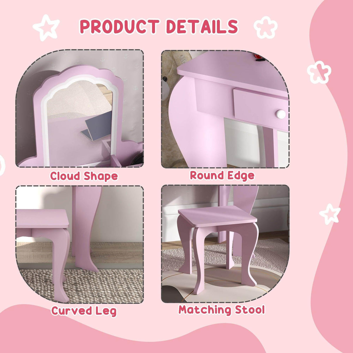Pink cloud mirror vanity set with curved legs and matching stool, shown in detail thumbnails
