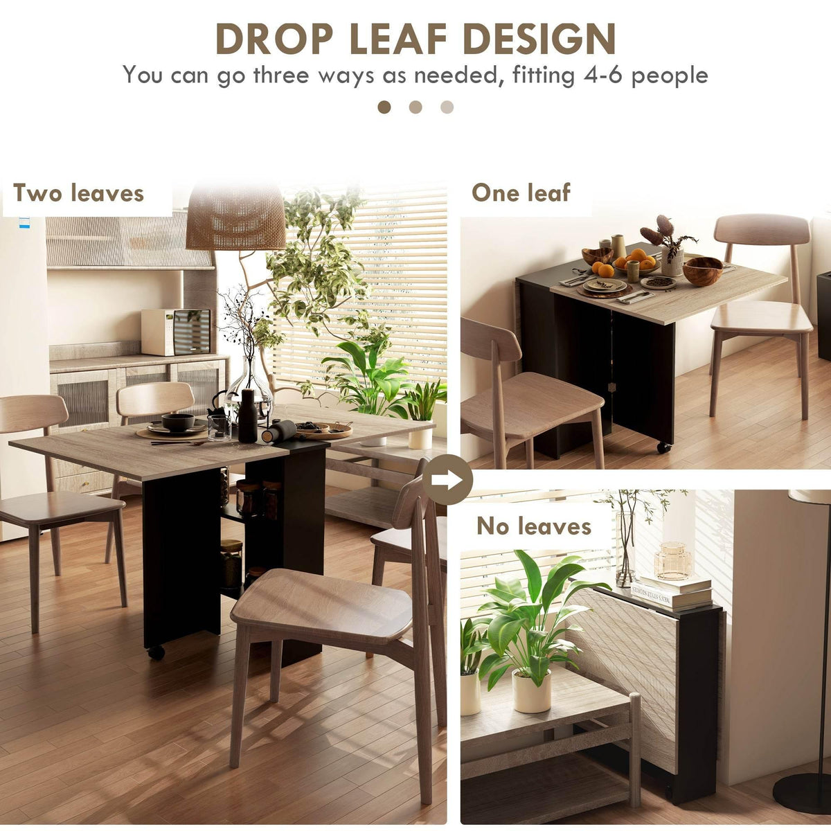 Drop-leaf dining table with different leaf configurations for 4–6 people