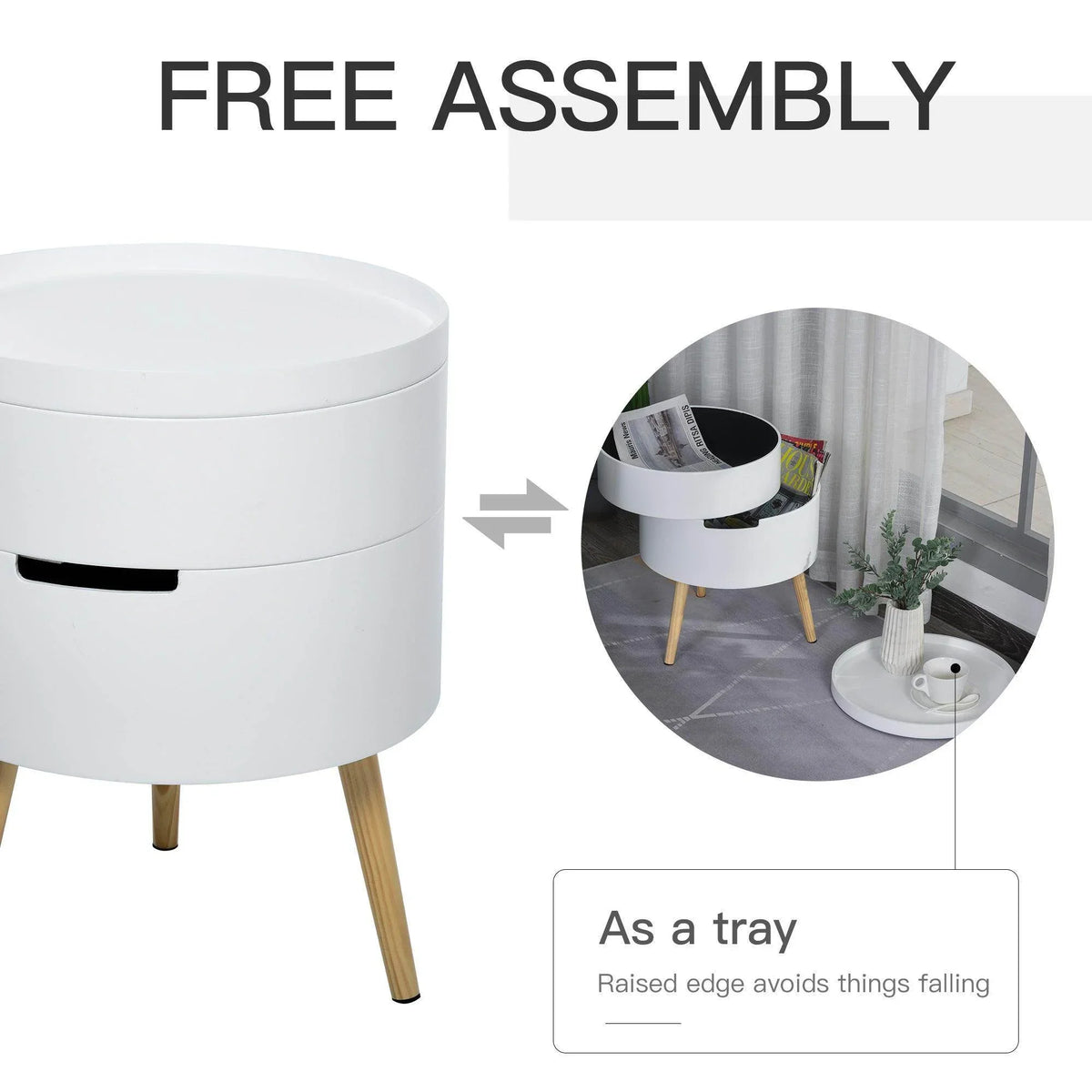 White round side table with raised tray edge for holding items, rotating opening