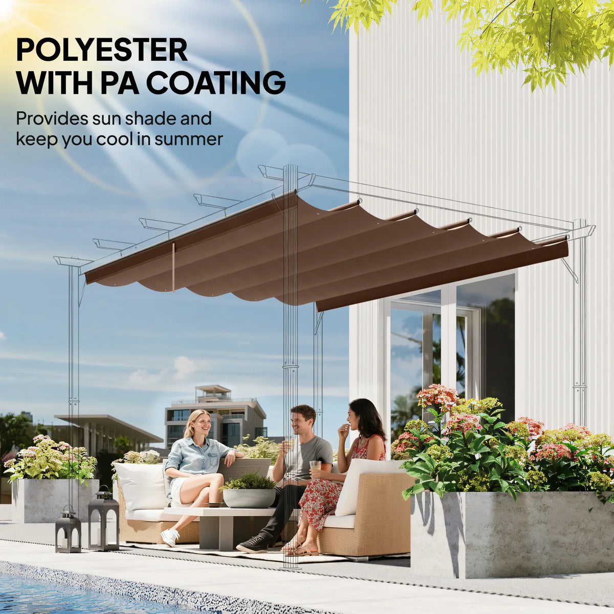 Brown polyester retractable pergola canopy cover with PA coating