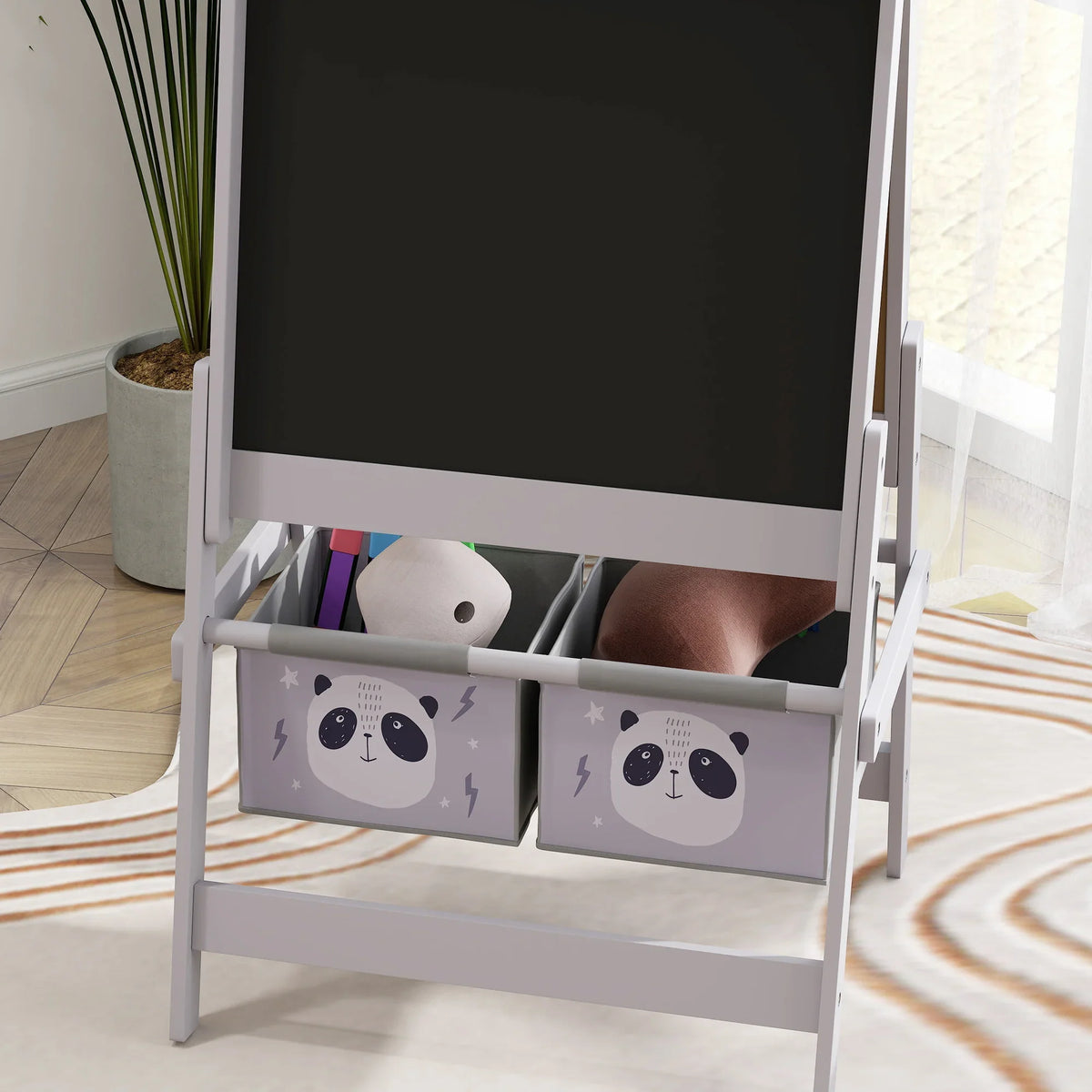 Kids art easel with blackboard and lower panda storage bins, grey frame