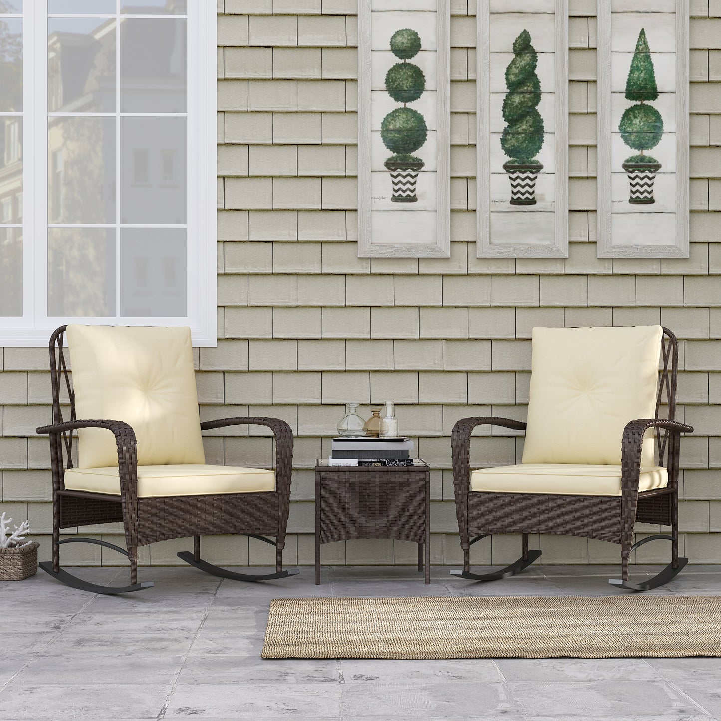 Outsunny Three Piece Rattan Bistro Set With Glass Top Table Two Rocking Chairs Brown Outdoor Garden