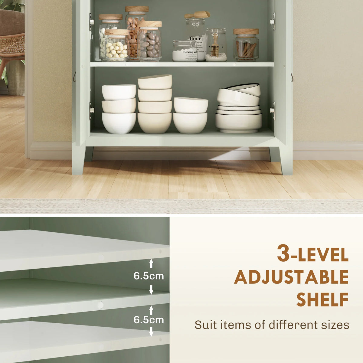 Open light green sideboard with wood-effect top, shelves holding stacked bowls and dishes