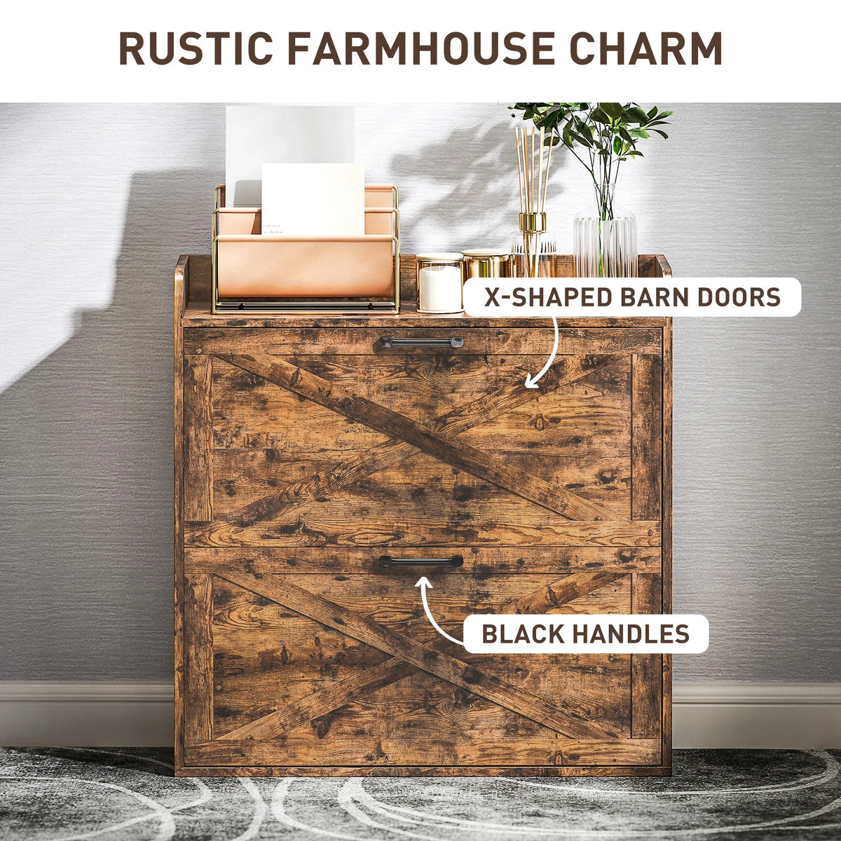 Rustic shoe cabinet with X-shaped barn doors and black handles, closed for storage