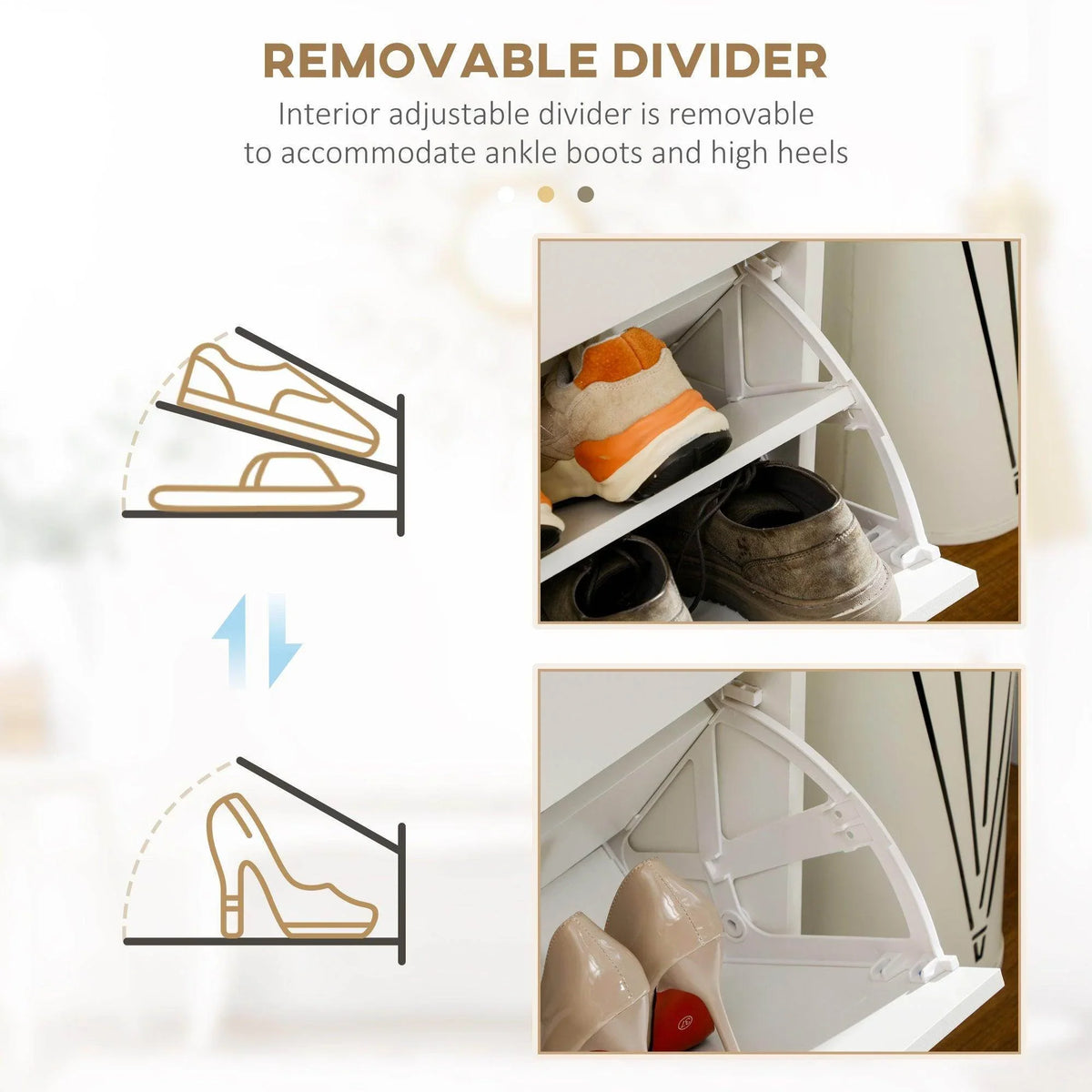 White shoe cabinet with removable divider inside flip drawer for boots and heels