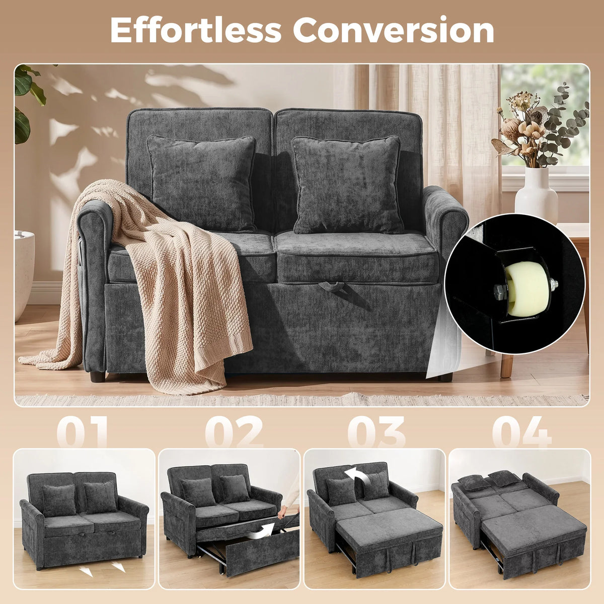 Grey chenille sofa bed with reclining back, blanket draped over the seat