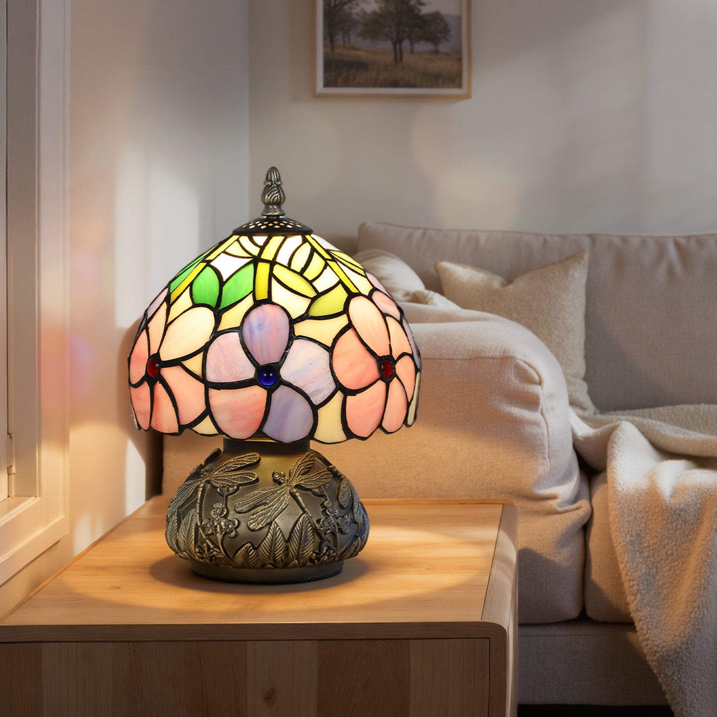 HOMCOM Tiffany Style Table Lamp With Dragonfly Base Stained Glass Pink For Living Room And Bedroom E27 Socket