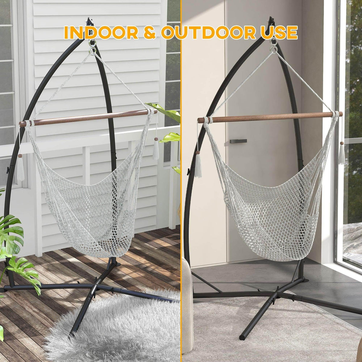 Black hammock chair stand with hanging white mesh hammock seat and metal chains