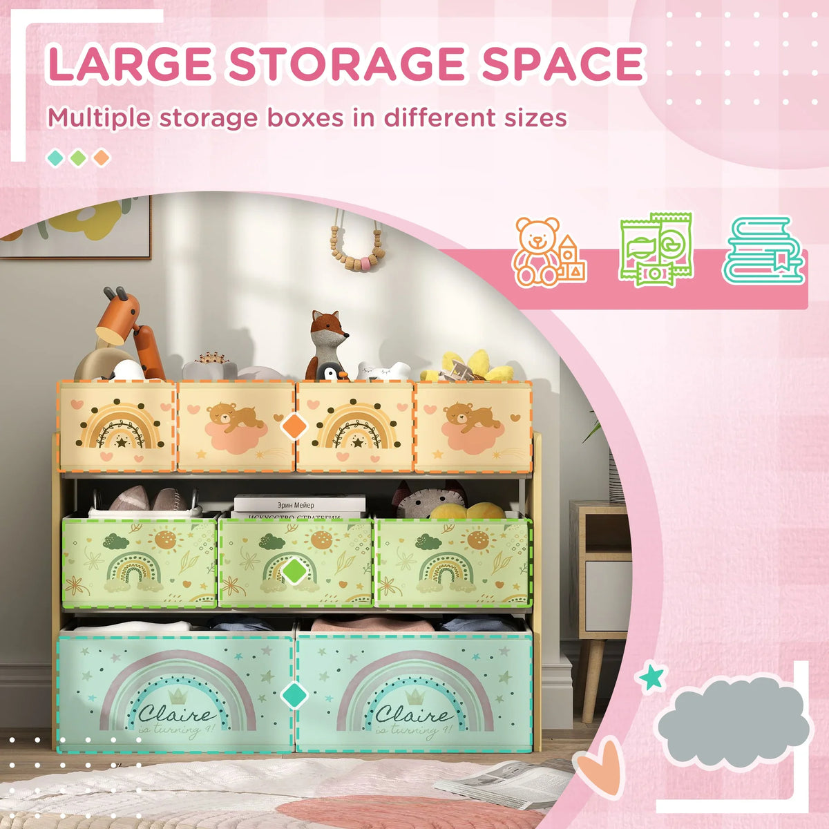 Kids storage unit with yellow frame and rainbow cartoon fabric storage bins, open