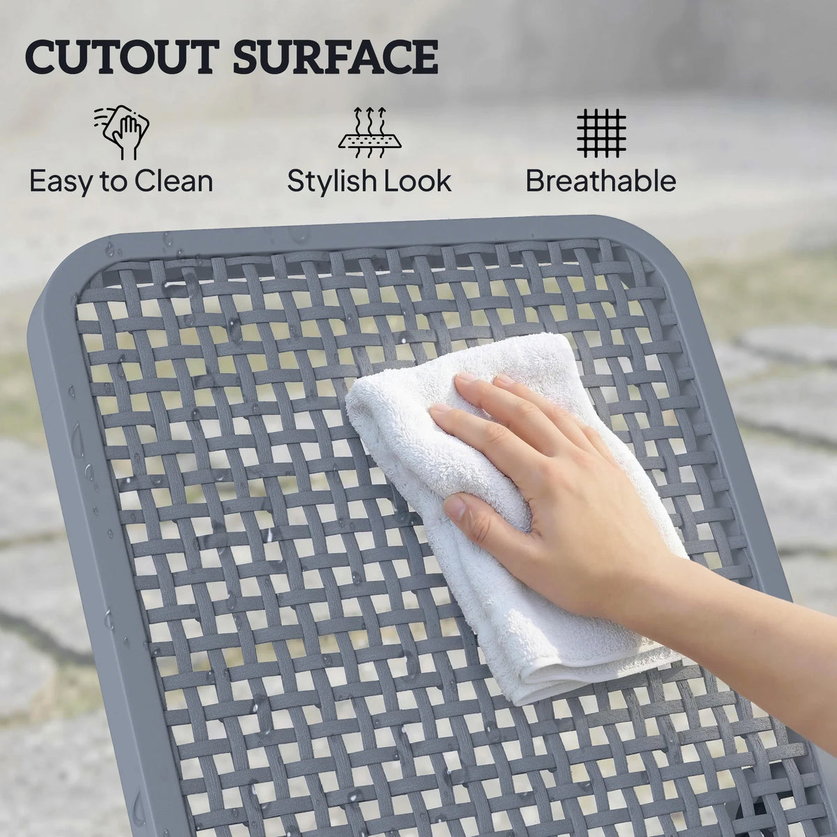 Grey woven mesh outdoor lounger seat with hand wiping clean