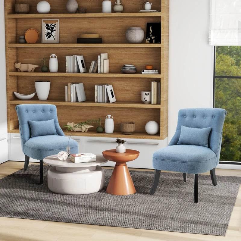 Blue upholstered single fabric armchair with tufted back, seat cushion, and wooden legs