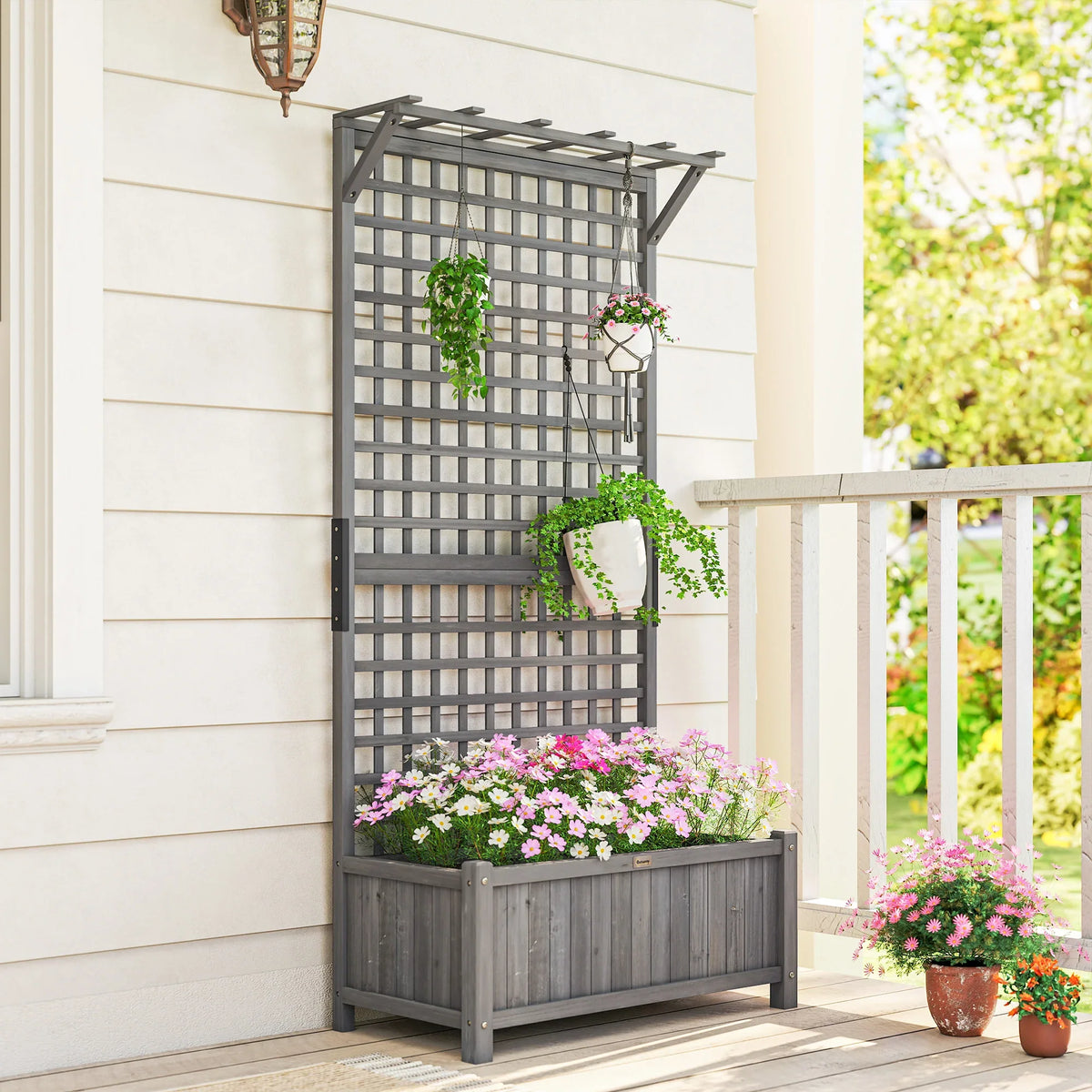 Dark grey trellis planter with raised bed and hanging pots for climbing plants