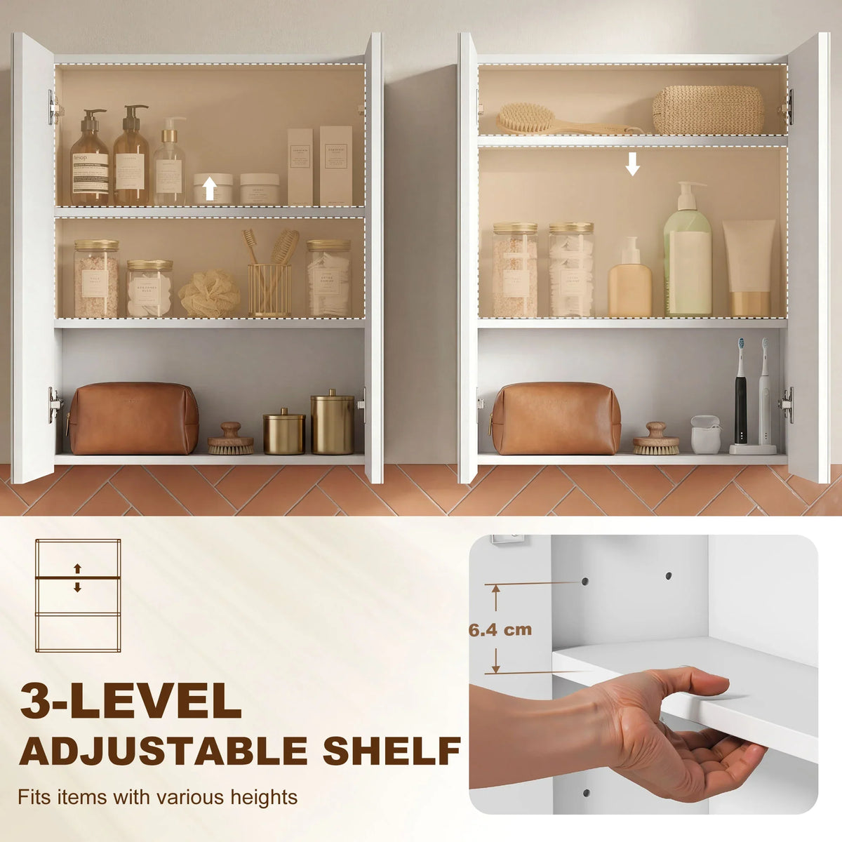 White bathroom mirror storage cabinet with adjustable shelf, doors open both sides