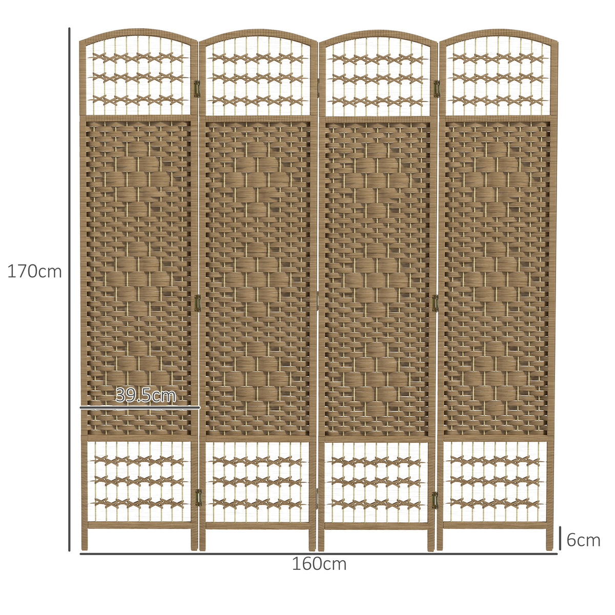 Front view of 4-panel folding privacy screen with woven lattice panels and wood frame