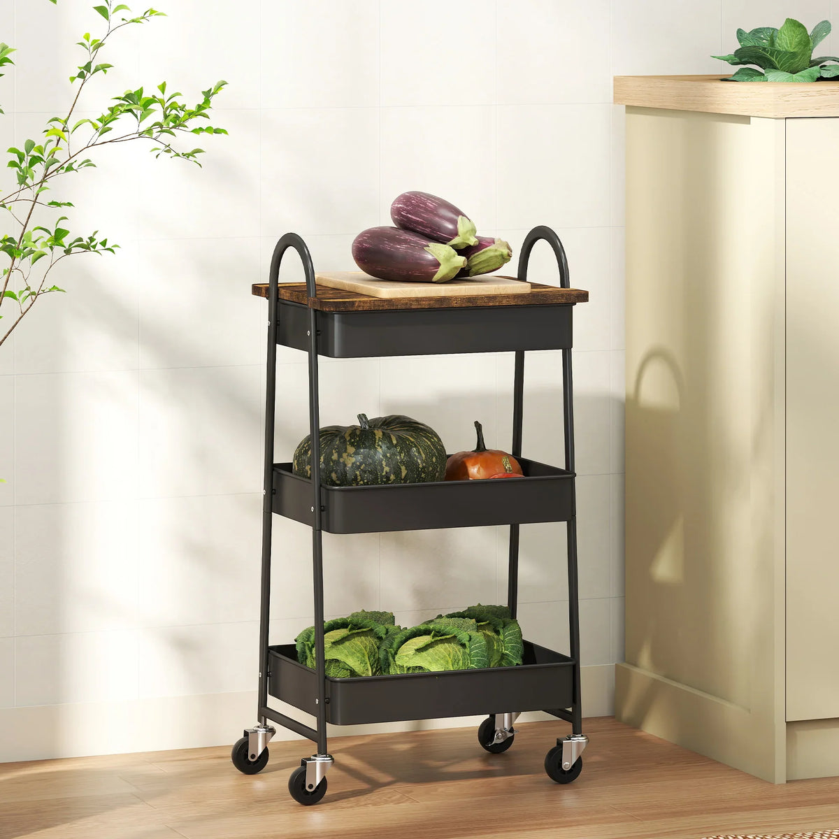 3-tier kitchen trolley with rustic brown top and black shelves for vegetables on wheels