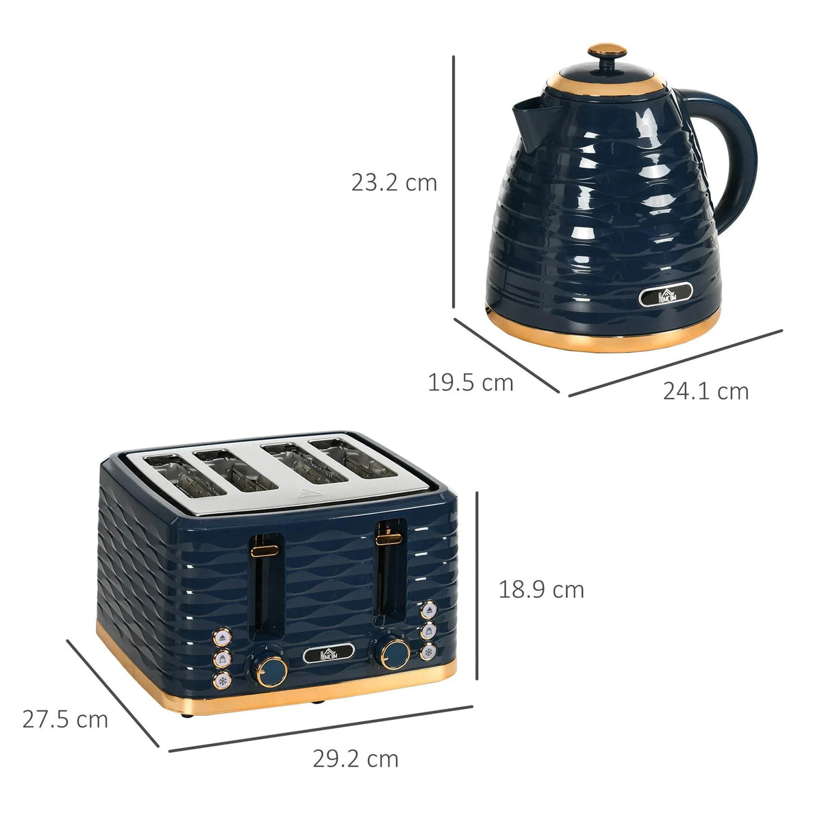 Electric kettle and 4-slice toaster with dimensions, glossy dark blue and gold