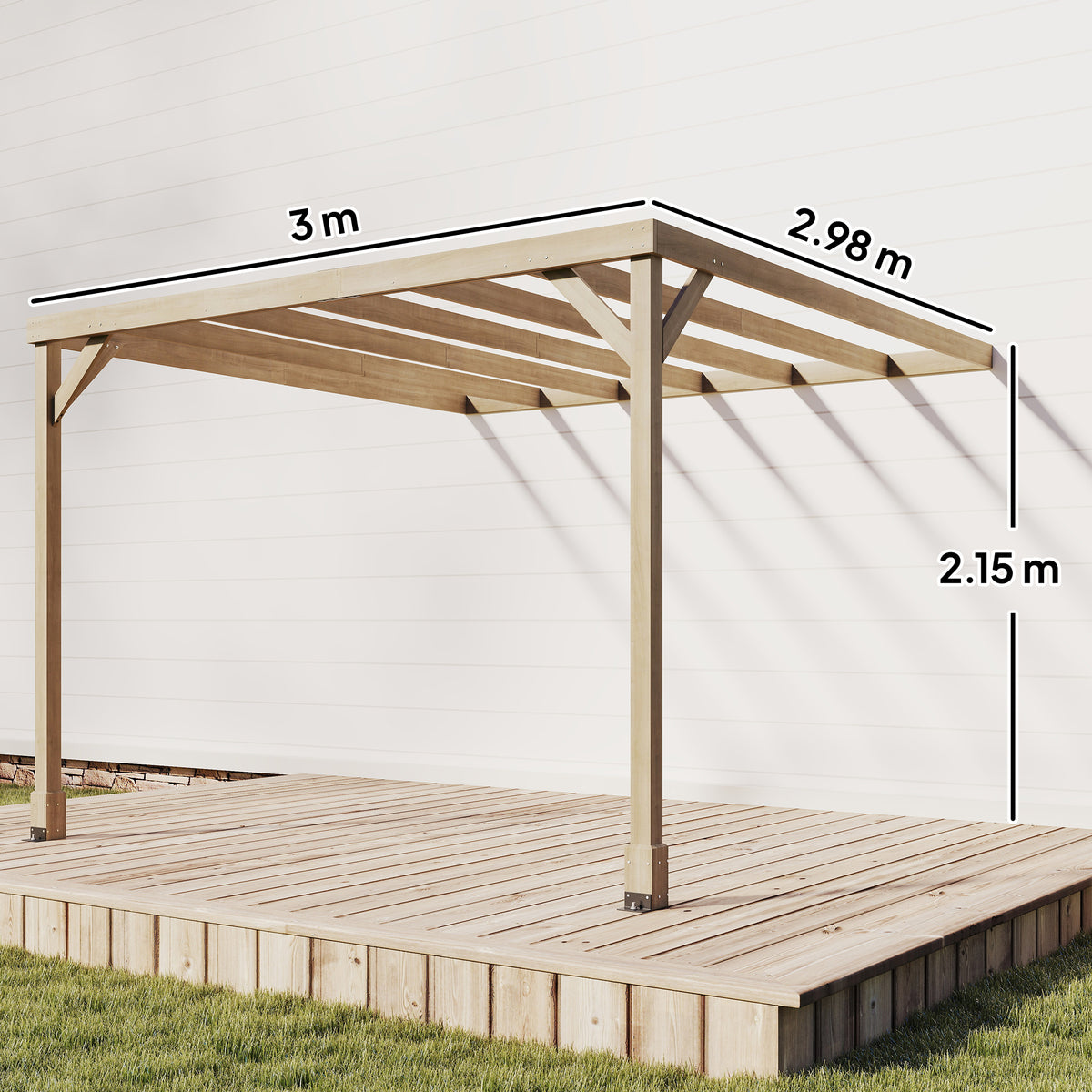 Light brown lean-to wooden pergola frame with side posts and slatted top on deck