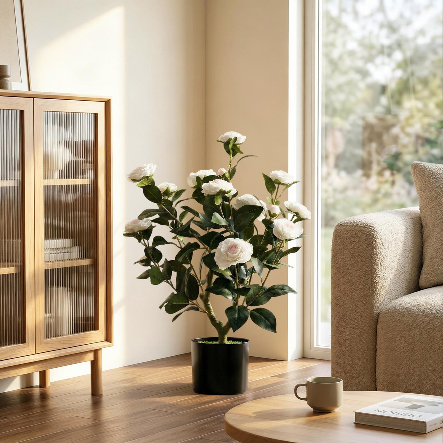 HOMCOM 65cm Artificial Camellia Plant In Pot With 116 Lush Leaves Silk Blossoms And Moss Effect Base White