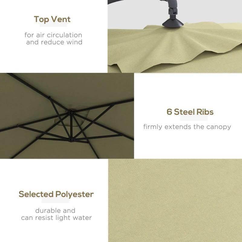 Beige cantilever parasol underside details: top vent, steel ribs, fabric weave