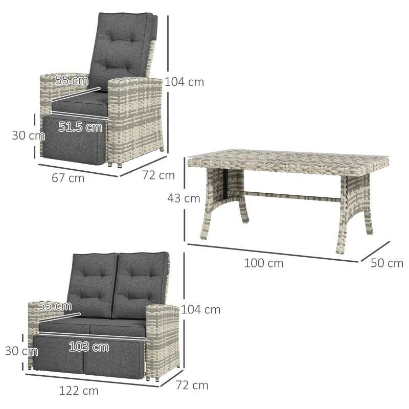 Light grey rattan sofa sectional with cushions and glass-top table, shown with dimensions