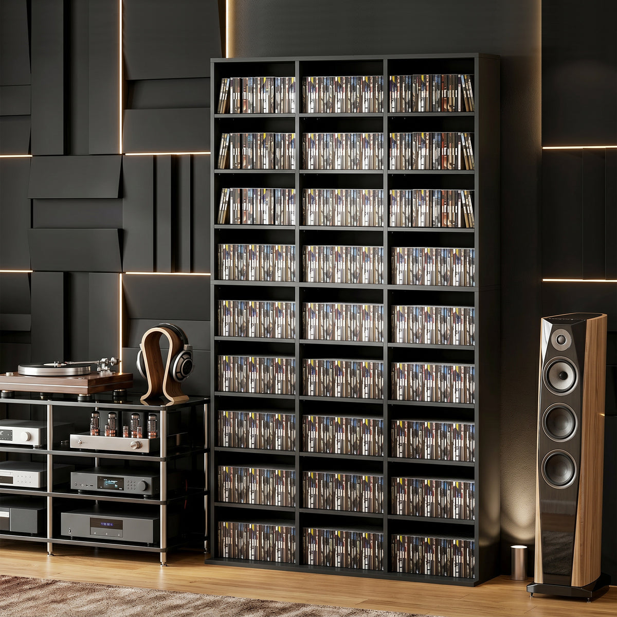 Black media storage cabinet with open CD and Blu-ray compartments on adjustable shelves
