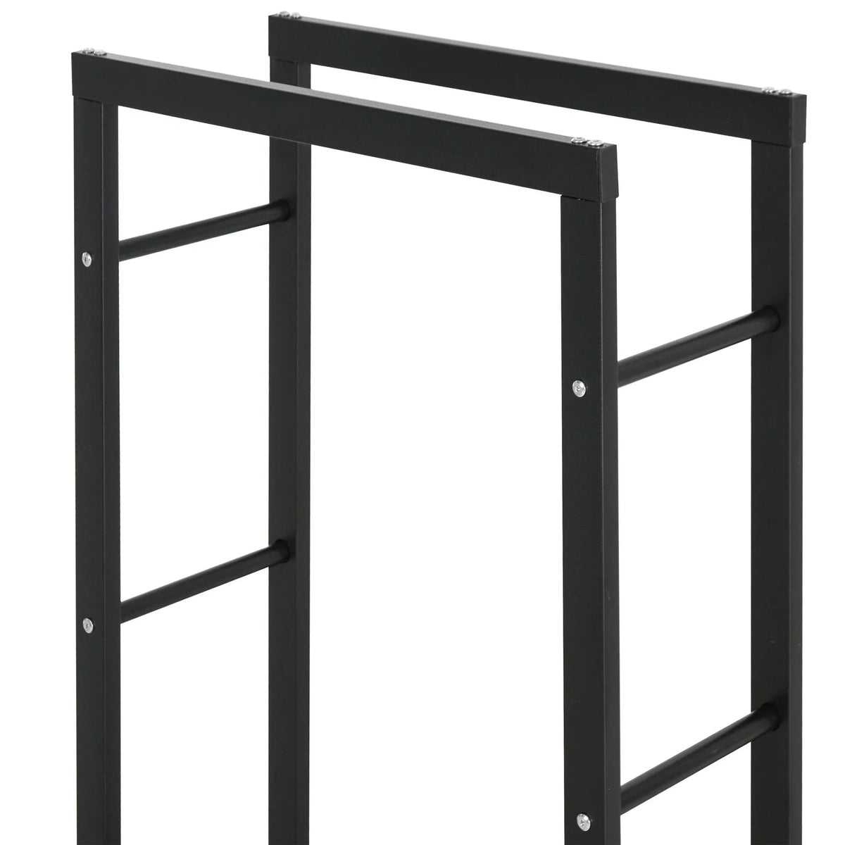 Tall black metal log holder frame with slatted shelves and side bars, open front