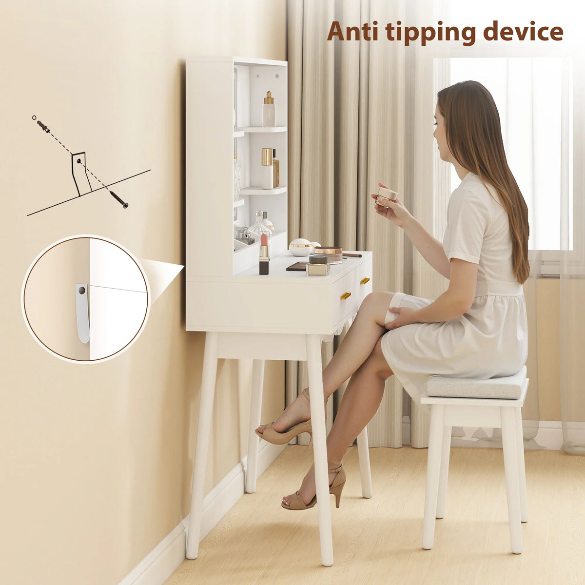 White dressing table vanity with LED mirror, open shelves, and matching cushioned stool
