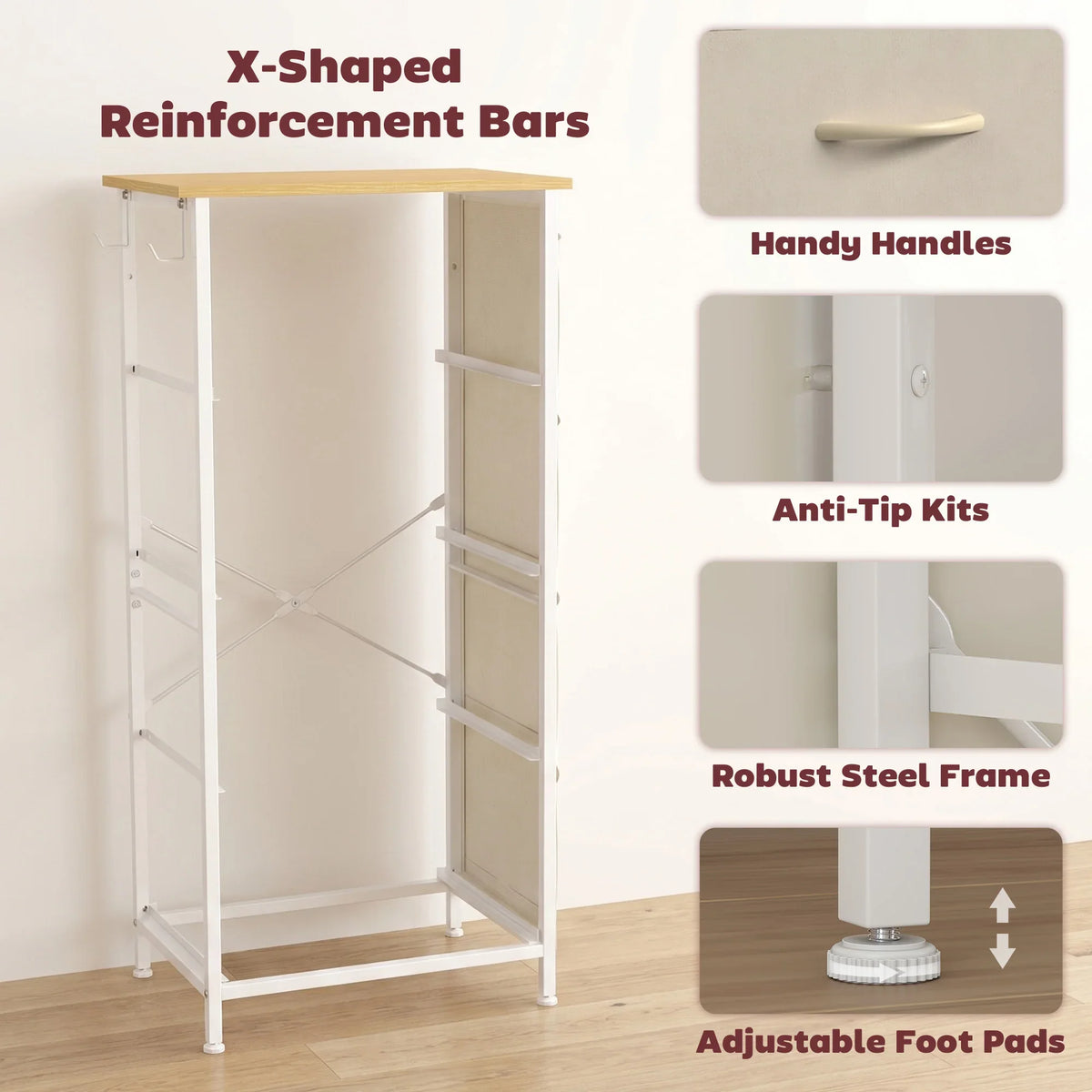 Beige fabric chest of drawers with X-shaped steel frame, handles, anti-tip kits, foot pads
