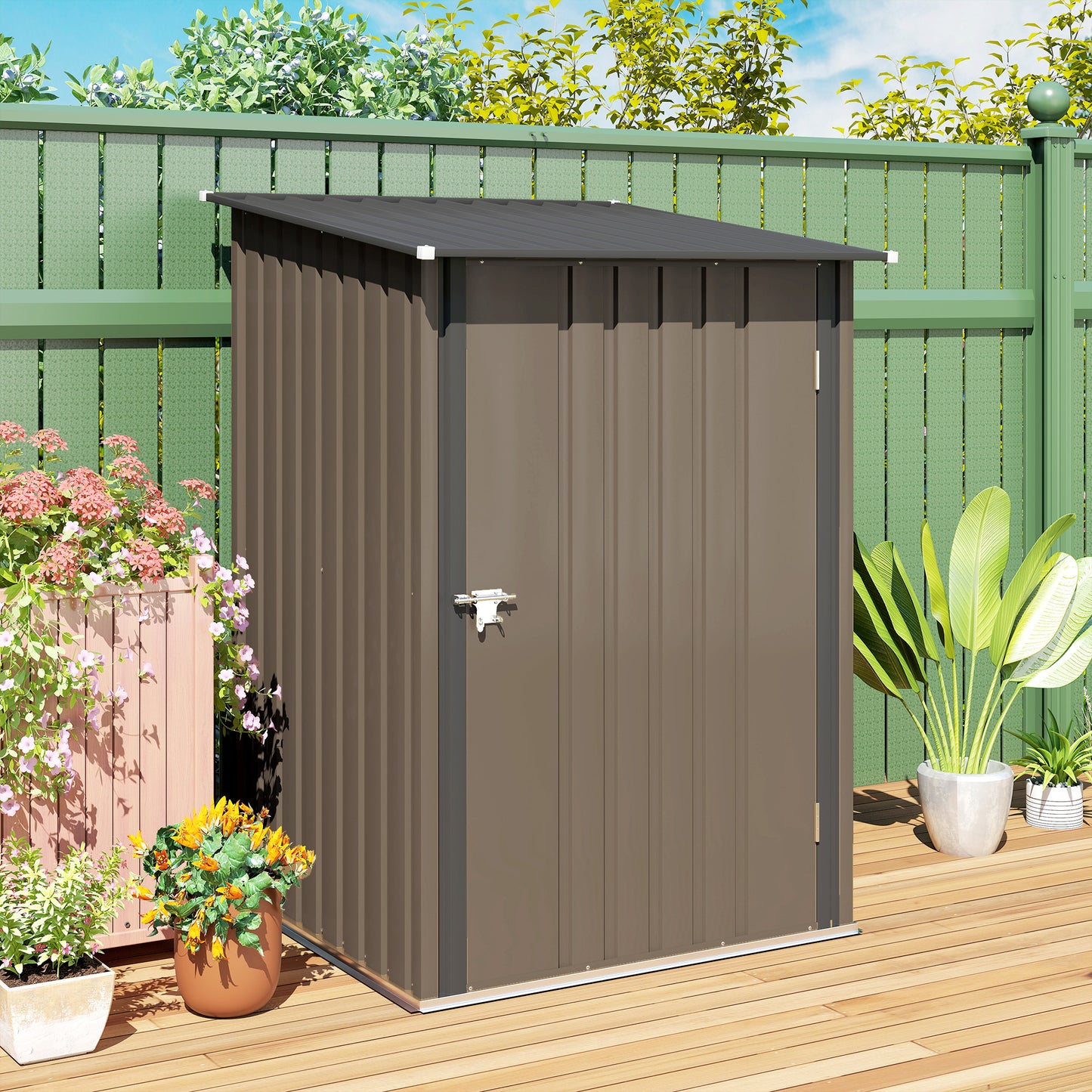 Outsunny 3.3 x 3.4 Ft Lean To Steel Garden Shed With Locking Door Brown Grey Galvanised Steel Construction