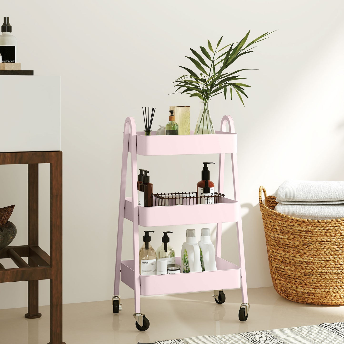 HOMCOM Three Tier Storage Trolley On Wheels Pink with Four Casters and Two Brakes