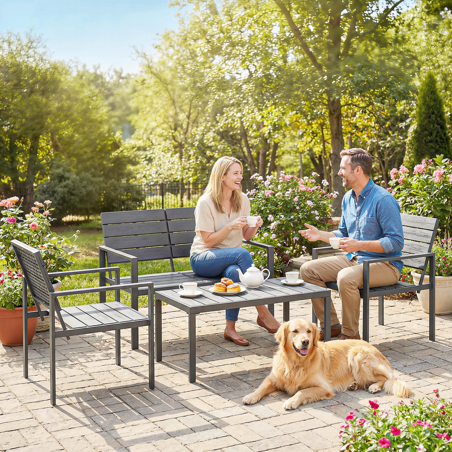 Outsunny 4 Piece Outdoor Garden Furniture Set HDPE Slatted Loveseat Armchairs Coffee Table Metal Frame Dark Grey