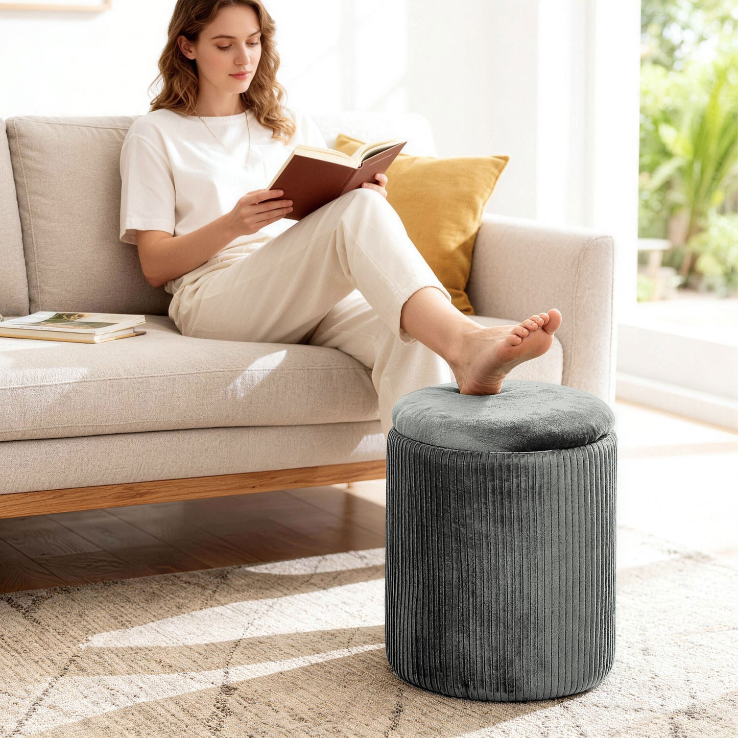 HOMCOM Velvet Round Storage Ottoman Foot Stool 45 cm Grey for Living Room and Bedroom